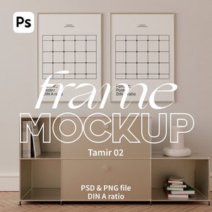 May include: Two beige picture frames with black grid lines on a white background, sitting on a beige shelf with books and a candle. The frames are labelled "Poster DIN A ratio" and "Format Poster DIN A ratio". The text "Frame MOCKUP Tamir 02 PSD & PNG file DIN A ratio" is below the shelf.