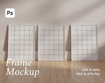 Three Frames Mockup. Poster Mock Up. 3 Frame Mockups. Simple Frame Mock Up. Set of 3. White Frame Mockup on Wooden Floor.