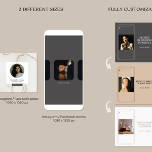 May include: A set of three customizable social media templates for Instagram and Facebook. The templates feature a dark gray, light beige, and white background with a photo of a woman and text that reads "Secret Blogging Formula", "How to Write a Blog Post", and "How to Brew Coffee Like a Champion".
