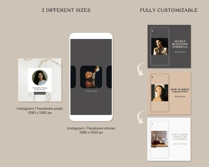 May include: A set of three customizable social media templates for Instagram and Facebook. The templates feature a dark gray, light beige, and white background with a photo of a woman and text that reads "Secret Blogging Formula", "How to Write a Blog Post", and "How to Brew Coffee Like a Champion".
