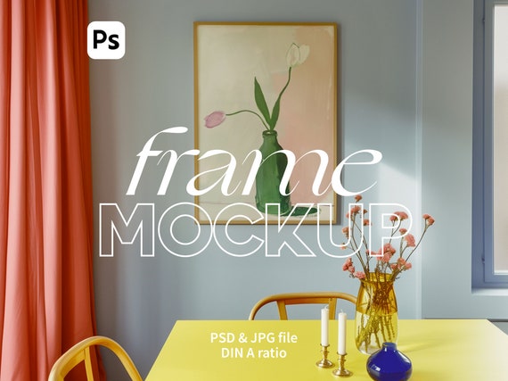 Frame Mockup in Retro Dining Room. DIN A ratio. Thin Wood Frame. Photoshop Frame Mockup Template. A2 Frame PSD Template. Vintage Interior.