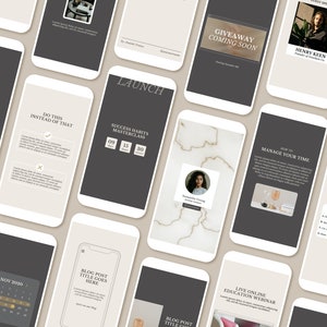 May include: A collage of images promoting a business or brand. The images feature a calendar, a podcast episode, a blog post, a webinar announcement, a giveaway, a masterclass, and a speaker's profile. The images are in a grid pattern and have a minimalist aesthetic with a black and white color scheme.