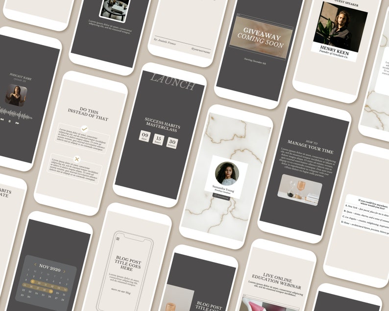 May include: A collage of images promoting a business or brand. The images feature a calendar, a podcast episode, a blog post, a webinar announcement, a giveaway, a masterclass, and a speaker's profile. The images are in a grid pattern and have a minimalist aesthetic with a black and white color scheme.