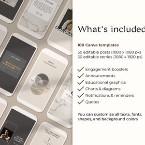 May include: A digital marketing template kit for Canva with 100 templates, including 50 editable posts and 50 editable stories. The templates are designed for social media and include engagement boosters, announcements, educational graphics, charts and diagrams, notifications and reminders, and quotes. You can customize all texts, fonts, shapes, and background colors.
