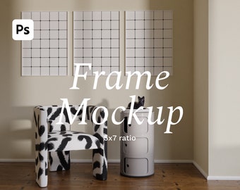 3 Mockup Frames. 5x7 Ratio Artwork. Interior Mockup. Photoshop Mockup. Vertical Frame Template. Minimal White Frame Art Display.
