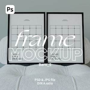 Two Black Frame Mockup. Set of Two Mockups. DIN A ratio Black Thin Frame Mock Up. Frame On Sofa Mock Up. Digital Frame. 2 Artworks Mockup.