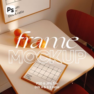 May include: A white frame mockup with a wooden frame on a white table with oranges. The text "frame MOCKUP" is written in white on the table. The text "Format: Poster 1:1 Ratio" is written on the frame. The text "PSD & JPG file DIN A & 1:1 ratio" is written below the frame.