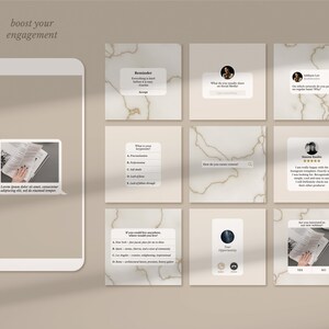 May include: A collage of nine Instagram story templates with tips for boosting engagement on social media. The templates feature questions, polls, and a reminder to be consistent. The background is a marble pattern.