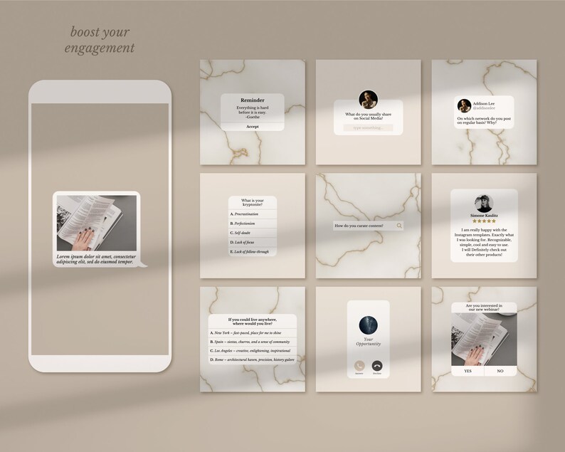 May include: A collage of nine Instagram story templates with tips for boosting engagement on social media. The templates feature questions, polls, and a reminder to be consistent. The background is a marble pattern.