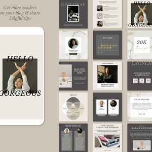 May include: A collage of 12 Instagram story templates with a marble background. The templates feature text, images, and graphics related to blogging, success habits, and online education. The text includes "Hello Gorgeous", "Giveaway", "Blog Post Title Goes Here", "Ikigai", "Nov 2020", "Guest Speaker", "Henry Keen", "20K Thank You", "Launch", "Success Habits Masterclass", "Tip of the Day", "What They Say", "Live Online Education Webinar", and "Manage Your Time".