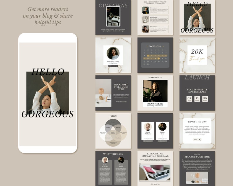 May include: A collage of 12 Instagram story templates with a marble background. The templates feature text, images, and graphics related to blogging, success habits, and online education. The text includes "Hello Gorgeous", "Giveaway", "Blog Post Title Goes Here", "Ikigai", "Nov 2020", "Guest Speaker", "Henry Keen", "20K Thank You", "Launch", "Success Habits Masterclass", "Tip of the Day", "What They Say", "Live Online Education Webinar", and "Manage Your Time".