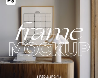 Frame Mockup Interior Scene. 4:5 Ratio. Thin Wood Frame. Photoshop Frame Mockup Template. Minimal Digital Frame Mockup for Art Display.