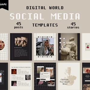 Pode incluir: Uma coleção de 45 modelos de postagens e histórias para mídias sociais em um estilo retrô pixelado. Os modelos apresentam uma variedade de imagens, incluindo uma mulher em um carro, uma estátua e uma cereja. O texto "DIGITAL WORLD SOCIAL MEDIA 45 posts TEMPLATES 45 stories" é exibido no topo da imagem.