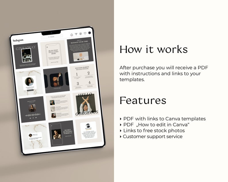 May include: A tablet screen displaying a grid of Instagram story templates. The templates feature various designs and text, including "GIVEAWAY", "MANAGE YOUR TIME", "SUCCESS HABITS TO CULTIVATE", "HELLO GORGEOUS", and "SECRET MARKETING FORMULA".