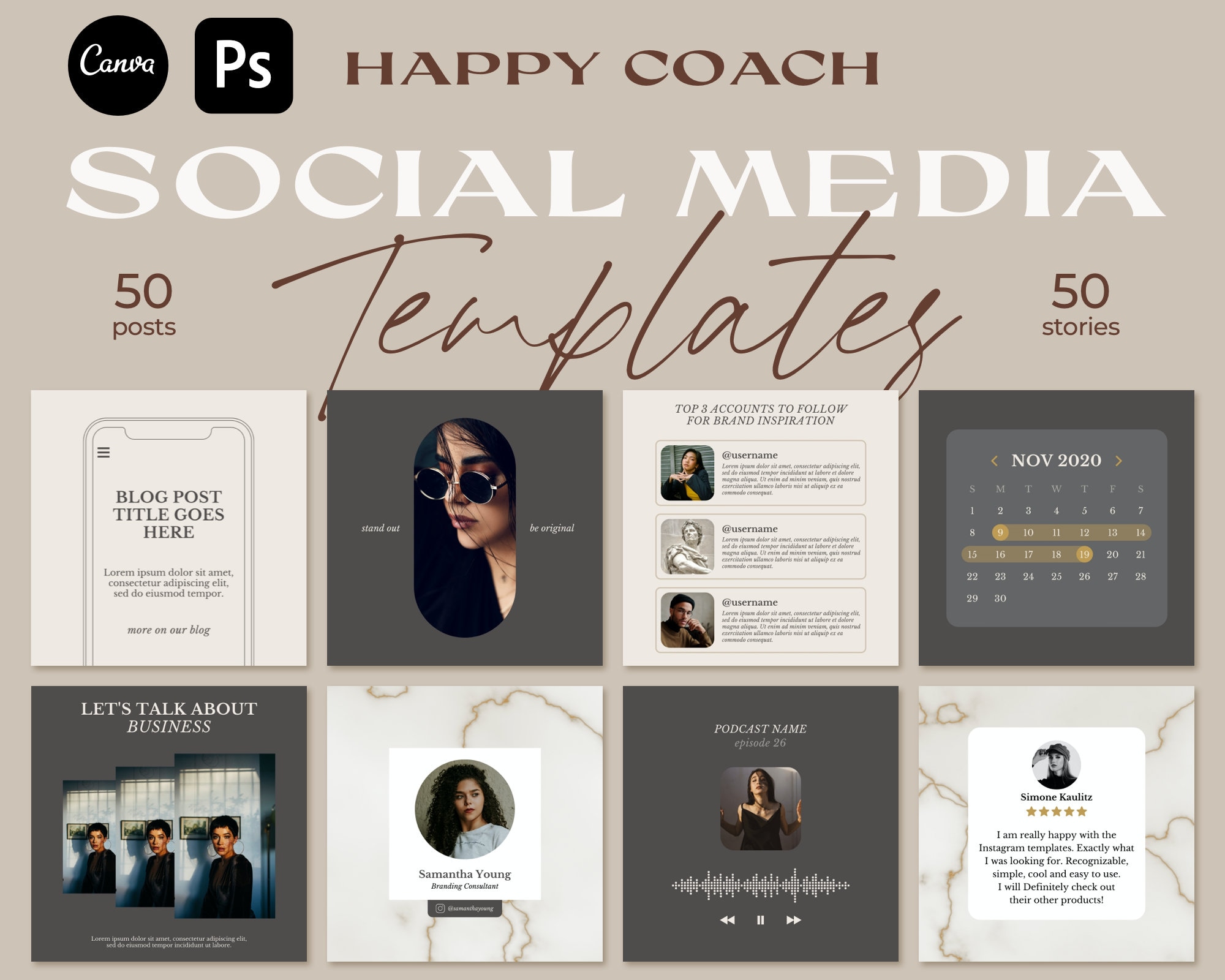 100 plantillas de publicaciones de Instagram. Plantilla de Instagram. Kit de marca de blog para entrenadores. Plantilla de Canva. Feed de Instagram. Lead Magnet y en línea.