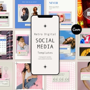 Könnte beinhalten: Eine Sammlung von Retro-Digital-Social-Media-Vorlagen mit verschiedenen Designs in einem rosa-blauen Farbschema. Die Vorlagen beinhalten einen Kalender, eine Uhr, eine Fortschrittsanzeige und ein Textfeld. Der Text "Retro Digital Social Media Templates" wird in der Mitte des Bildes angezeigt.