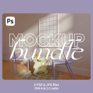 May include: A mockup bundle featuring a white frame with a grid pattern, two purple chairs, a yellow stool with an orange on top, and a rug with a diamond pattern. The text "MOCKUP bundle" is written in white on a light background. The text "Kaia" is written in black on the yellow stool. The text "6 PSD & JPG files DIN A & 1:1 ratio" is written in black on a white background.