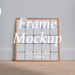 May include: A square wooden frame mockup with a white background and a grid pattern. The text "Frame Mockup" is written in white on the frame. The text "PSD & JPG file 1:1 ratio" is written in black at the bottom of the frame.