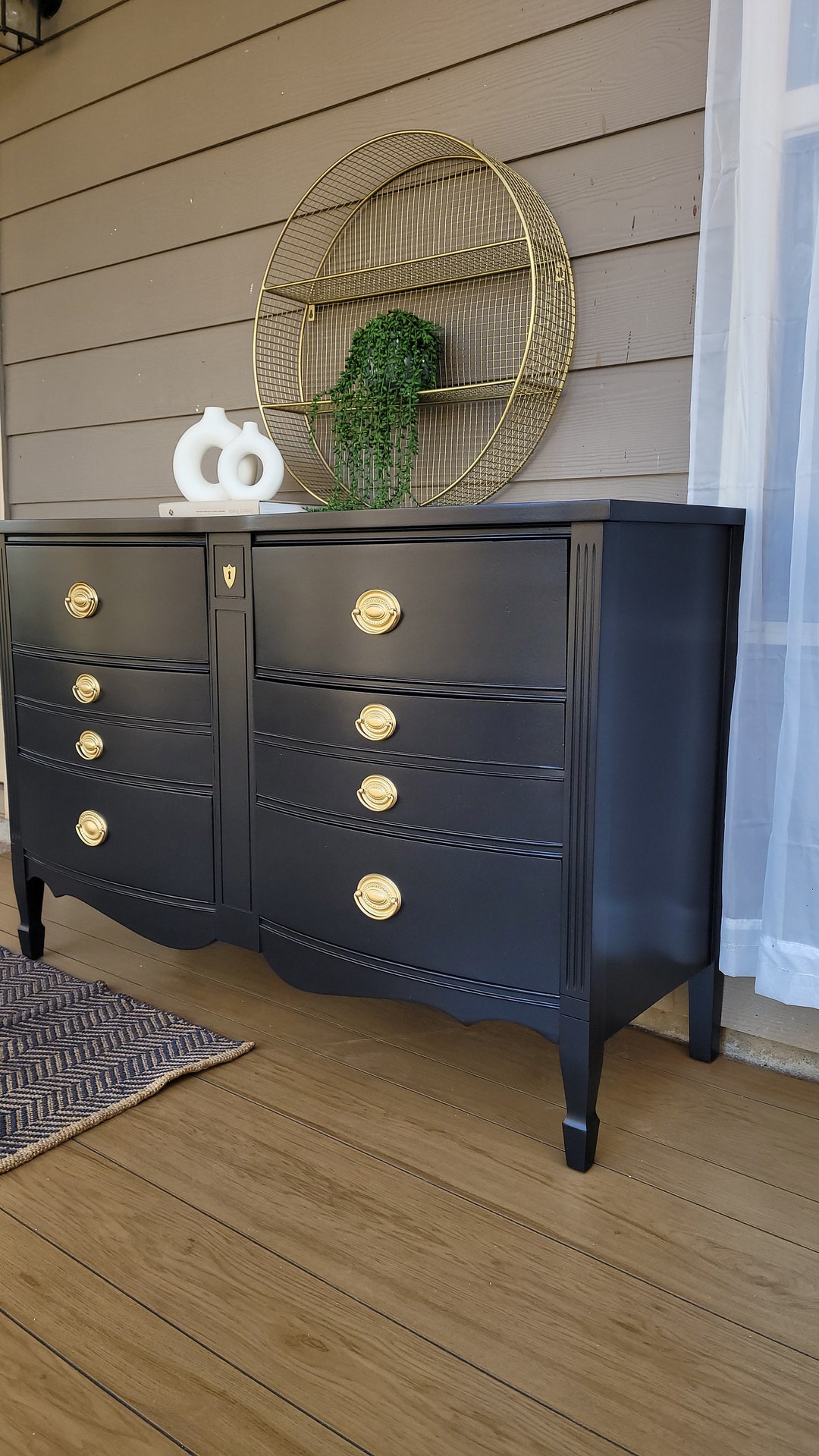Black Dresser, Ornate Gold Hardware, Heirloom Quality Hepplewhite