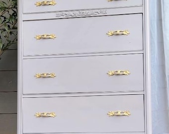 French Provincial Dresser, Silver Finish, Gold Hardware, Vintage Chest