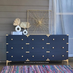 navy blue vintage dresser Campaign 6 Drawer Dresser, Navy Lacquer, Antique Brass