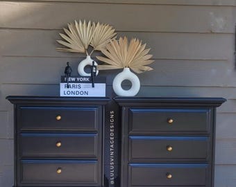 Black Painted Vintage Nightstands: Brass Hardware, Stained Wood Top. American Drew