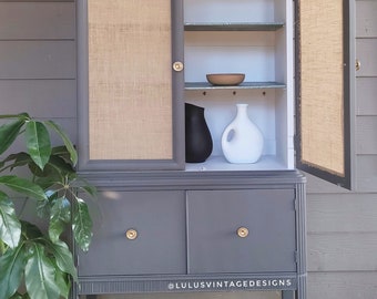 Grey Hutch, TV Cabinet, Modern, Burlap, Painted Furniture,  Mother's Day Gift, White Furniture,  Storage Cabinet