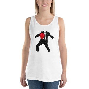 May include: White tank top with a black and red graphic of a man in a suit holding a red balloon.