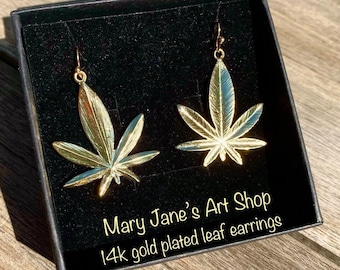 Mary Jane's 14K Gold Marijuana Cannabis Hemp Leaf Earrings Flower Fashion Jewelry Weed Leaves Birthday Girlfriend Gift