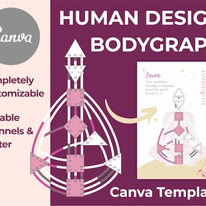 Peut inclure: Un modèle de bodygraph de design humain rose et blanc avec le texte "Human Design Bodygraph" et "Canva Template". Le modèle est personnalisable et modifiable. Le bodygraph est une représentation visuelle des centres d'énergie et des canaux d'une personne.