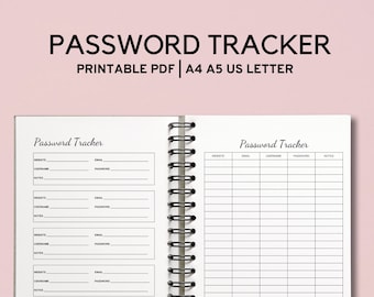 Passwort Tracker Printable, Passwort Organizer, Passwort Listenhalter, Sofortiger Download PDF, A4, A5, LETTER