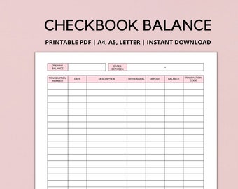 Checkbook Balance Log Printable, Checkbook Register, Check Register, Transaction Register, Income and Expense tracker, A4, LETTER, A5 PDF