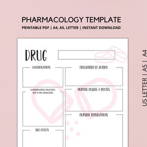Sjabloon voor farmacologie, medicijnsjabloon, studiegids voor verpleegkundigen, studentenverpleegkundige bladen, sjablonen voor farmacologienotities, A4 BRIEF A5 PDF