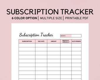 Subscription Tracker Printable, Expense Planner, Subscription Log, PDF - A4 - A5 - Letter