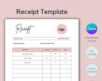 Editable Receipt Template Canva, invoice template, order form, Instant Download