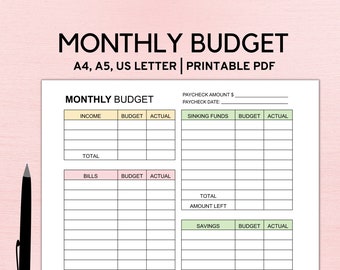 Monthly Budget Planner Printable, Monthly Bills Tracker, Paycheck Budget Printable, Budget Template, Financial Planner, A4 A5 Letter PDF