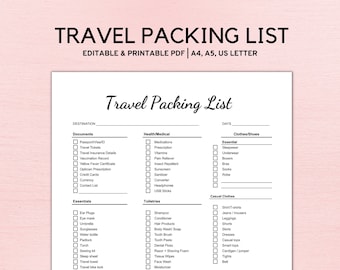 Editable Travel Packing List, Travel Checklist Printable, Travel Planner, Travel Organizer, Travel Vacation Planner, Packing List for Women