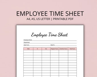 Employee Time Sheet Printable, Printable, Time Log, Time Card, Employee Organiser Printable PDF