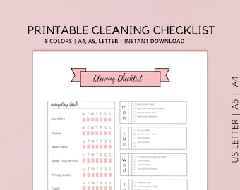 May include: Printable cleaning checklist with a pink and white color scheme. The checklist includes daily and weekly tasks, such as laundry, dishes, making beds, and cleaning the kitchen. The checklist is organized by day of the week, with a separate section for monthly tasks.