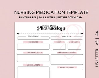 Krankenpflege-Pharmakologie-Vorlage zum Ausdrucken, Pflegenotizen, Pharmakologie-Krankenpflege, Krankenschwester-Studienressourcen, Pharmakologie-Notizen-Vorlagen,