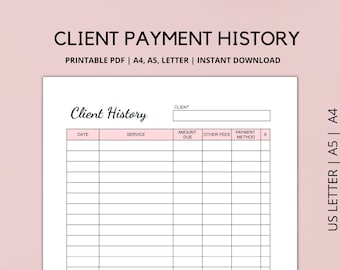 Rastreador de historial de clientes imprimible, Rastreador de clientes, Registro de pagos, Rastreador de pagos, Formulario de pago para pequeñas empresas, A4, A5, CARTA
