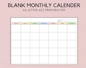 Blank Monthly Calendar Landscape Printable, Minimalist Calendar Template, A4, LETTER, A5