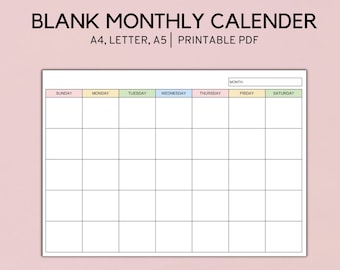 Blanko Monatskalender Querformat zum ausdrucken, minimalistische Kalendervorlage, A4, LETTER, A5