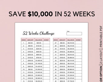 52 Week Savings Challenge, 10,000 Savings Challenge Tracker, Money challenge, Instant Download Pdf, A4, A5, Letter