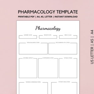 May include: Printable pharmacology template with sections for generic name, brand name, drug class, dosage and indication, mechanism of action, adverse effect, contraindication, interactions, nursing considerations, and patient education. The template is designed for US Letter, A4, and A5 paper sizes.