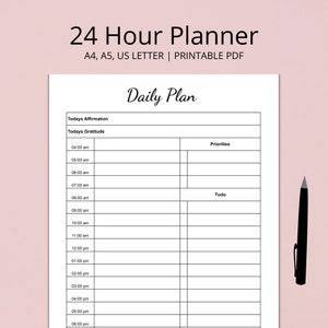 24 Hour Daily Planner Printable, Daily To Do List, Daily Schedule, Time Blocking Template, Productivity Planner, Daily Schedule