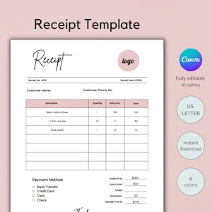 Editable Receipt Template Canva, Business Receipt, invoice template, order form template, invoice receipt, Instant download