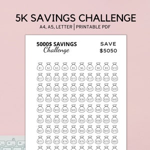 5k Savings Challenge Tracker Printable, Save 5000 In a Year, Money Challenge, PDF, INSTANT DOWNLOAD