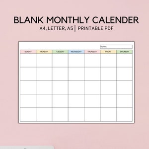 Blanko Monatskalender Querformat zum ausdrucken, minimalistische Kalendervorlage, A4, LETTER, A5