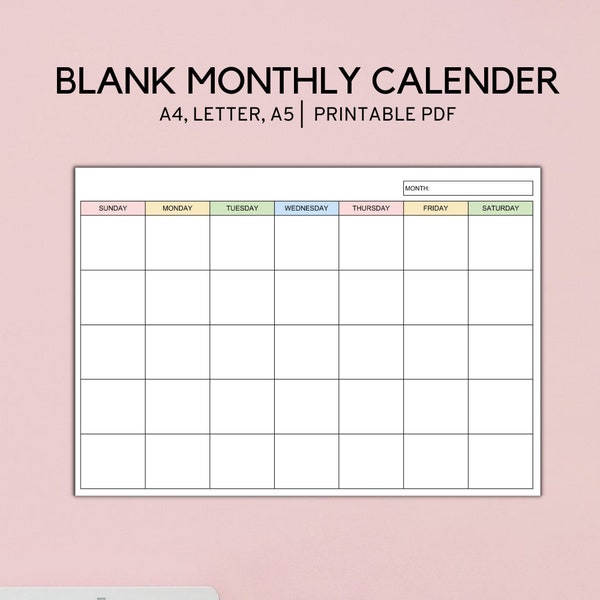 Blank Monthly Calendar Landscape Printable, Minimalist Calendar Template, A4, LETTER, A5